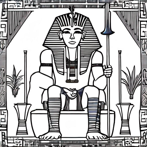 "A detailed black-and-white line drawing for a historical adult coloring book, featuring Pharaoh19. Snefer, ruler of ancient Egypt. The scene includes relevant historical/iconic symbols,  traditional Egyptian architecture such as temples or pyramids, hieroglyphs, and royal regalia like the double crown and crook & flail. The background includes stylized papyrus plants, Nile motifs, and intricate p Coloring Page Ai